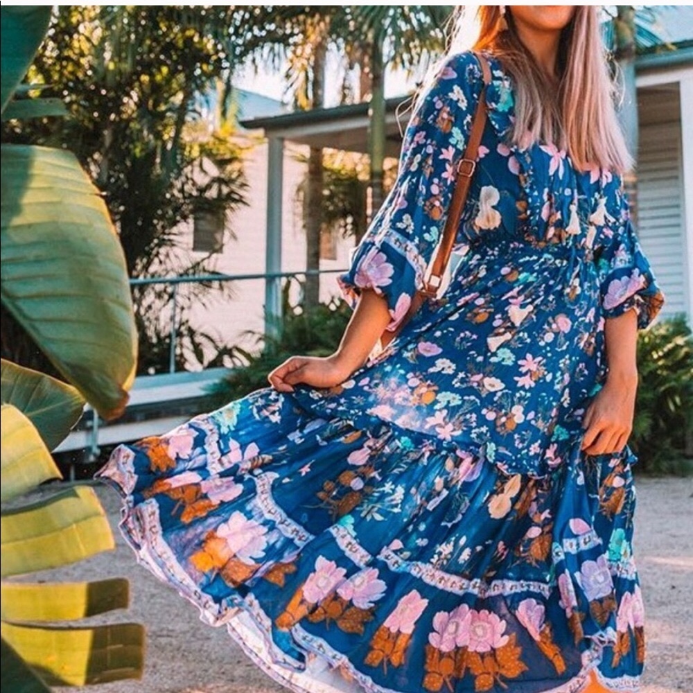 Wild Bloom Gypsy Boho Blue Floral Flowy Midi Dress - Picture 7 of 11